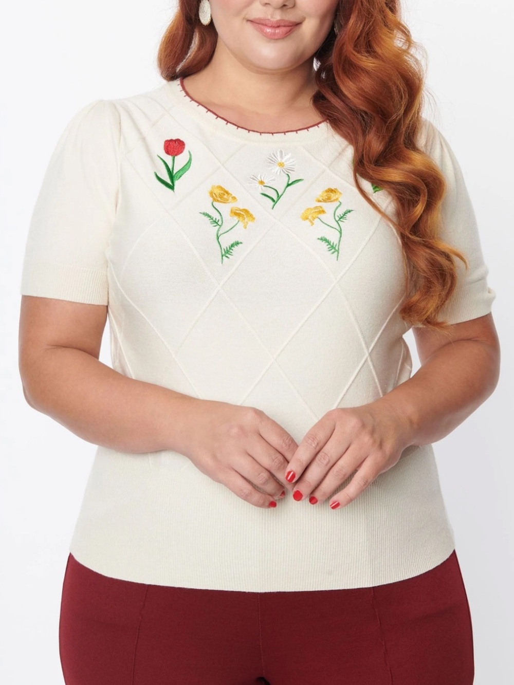 Unique Vintage Cream Floral Embroidered Short Sleeve Sweater 2X